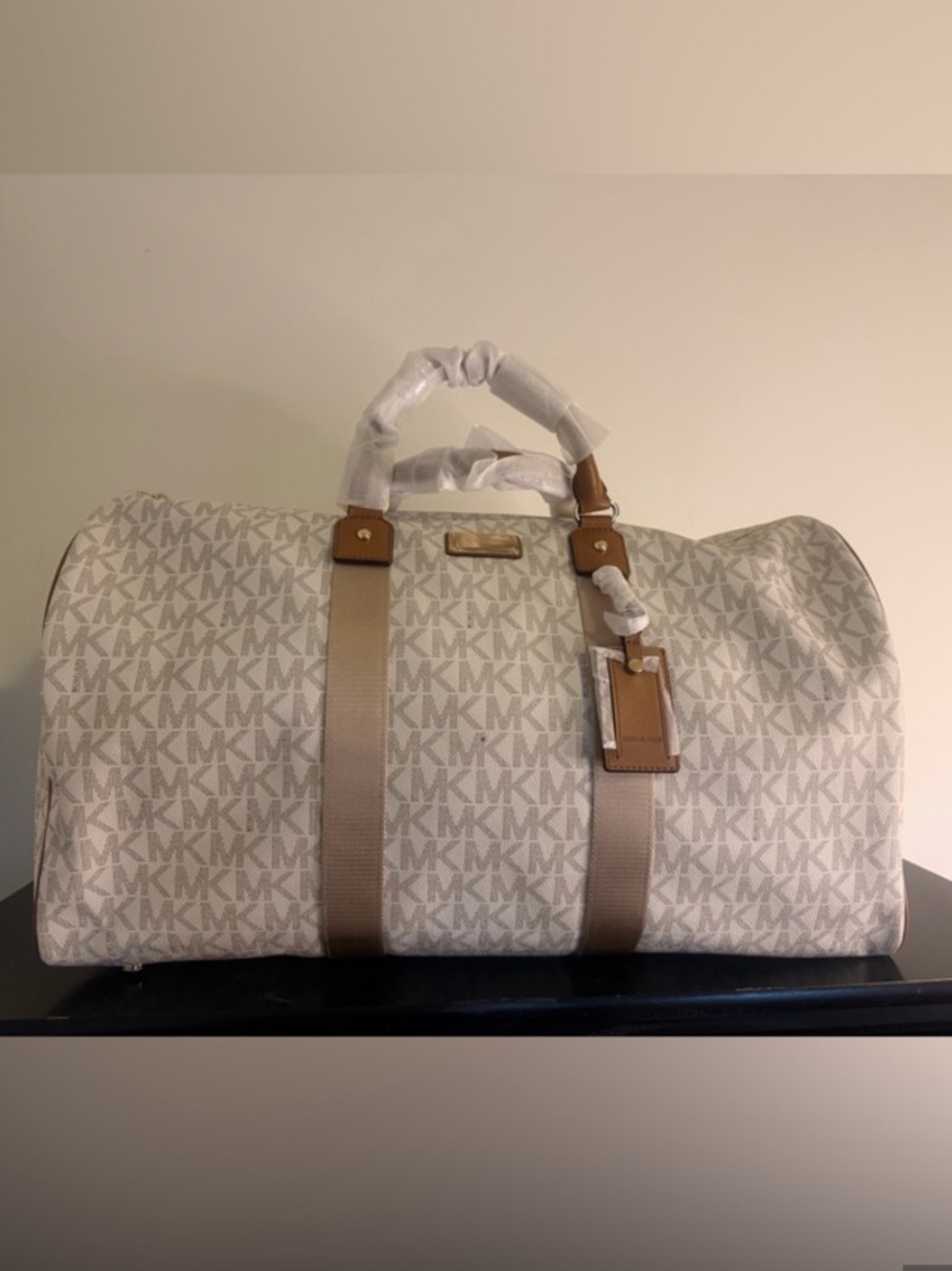 NWT! Michael Kors Jet Set Travel Cream and Tan MK Logo Double Pocket Duffel/Tote - Picture 1 of 11
